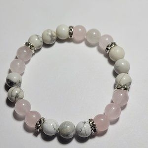 Natural Rose Quartz and Howlite Crystal Beaded Bracelet 8mm 7 1/2"